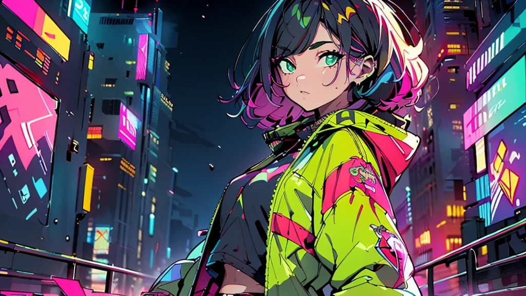 (high quality, 8K, 4K, High Contrast, masterpiece:1.2, best high quality, Best aesthetics), (Dynamic Angle), ((1 female)), JK, big tits, nsfw, ((cyber punk)), ((Flat Color)), ((Colorful art)), Riders jacket, Looking at viewer, Upper Body, Colored Background, High Contrast, Contrasting colors, Cowboy Shot,