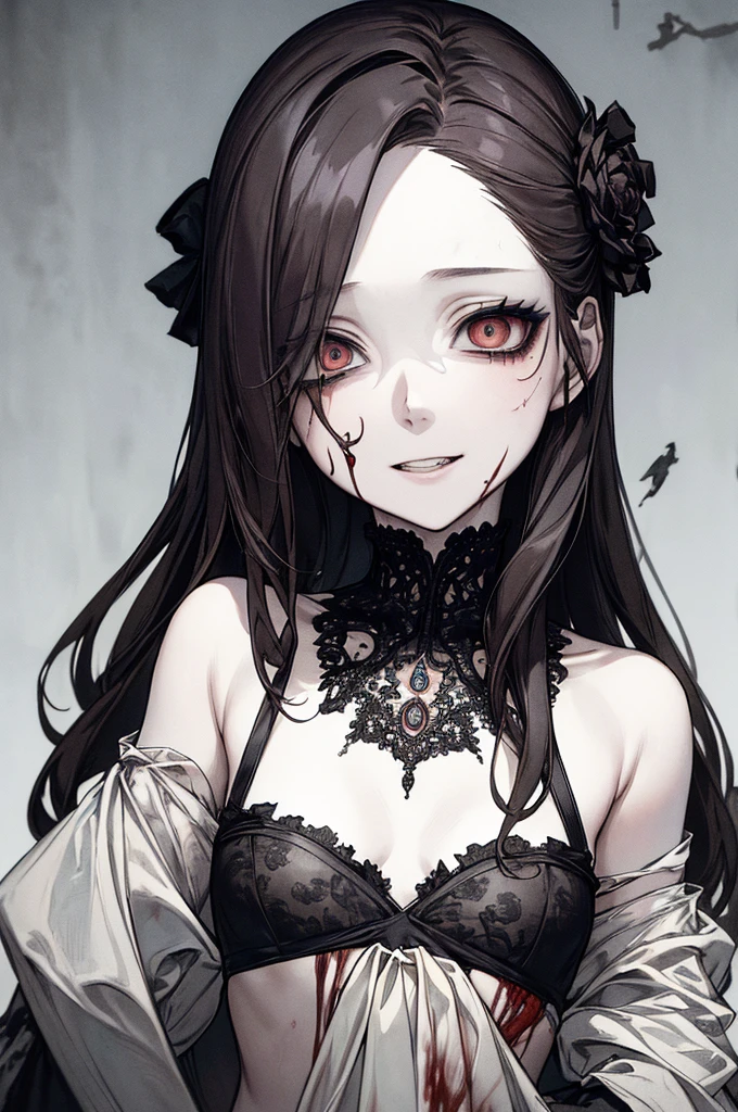 (masterpiece:1.2, Highest quality), (Actual Photos, Intricate details), (1 female, alone, Upper Body, Small breasts) ，With eyes wide open、Scary atmosphere、Distorted facial expressions、Twisted smile、Bleeding from the head、Blood splatter、whole body、Punk Fashion、Long Hair、Long bangessy hair、Black Hair、（（（Dark circles under the eyes）））、Pale skin、Feeling unwell、Pathological、Wicked Smile、Crazy Eyes、（Grin）Dramatic makeup，Create mixed media art、White Background