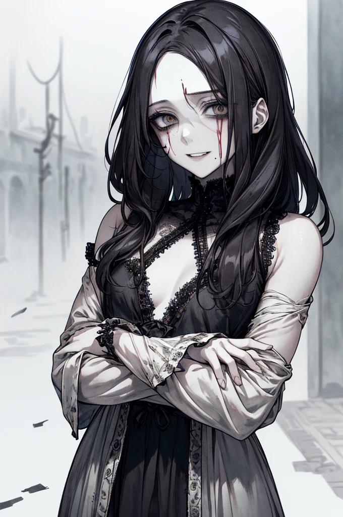 (masterpiece:1.2, Highest quality), (Actual Photos, Intricate details), (1 female, alone, Upper Body, Small breasts) ,With eyes wide open、Scary atmosphere、Distorted facial expressions、Twisted smile、Bleeding from the head、Blood splatter、whole body、Punk Fashion、Long Hair、Long bangessy hair、Black Hair、(((Dark circles under the eyes)))、Pale skin、Feeling unwell、Pathological、Wicked Smile、Crazy Eyes、(Grin)Dramatic makeup,Create mixed media art、White Background