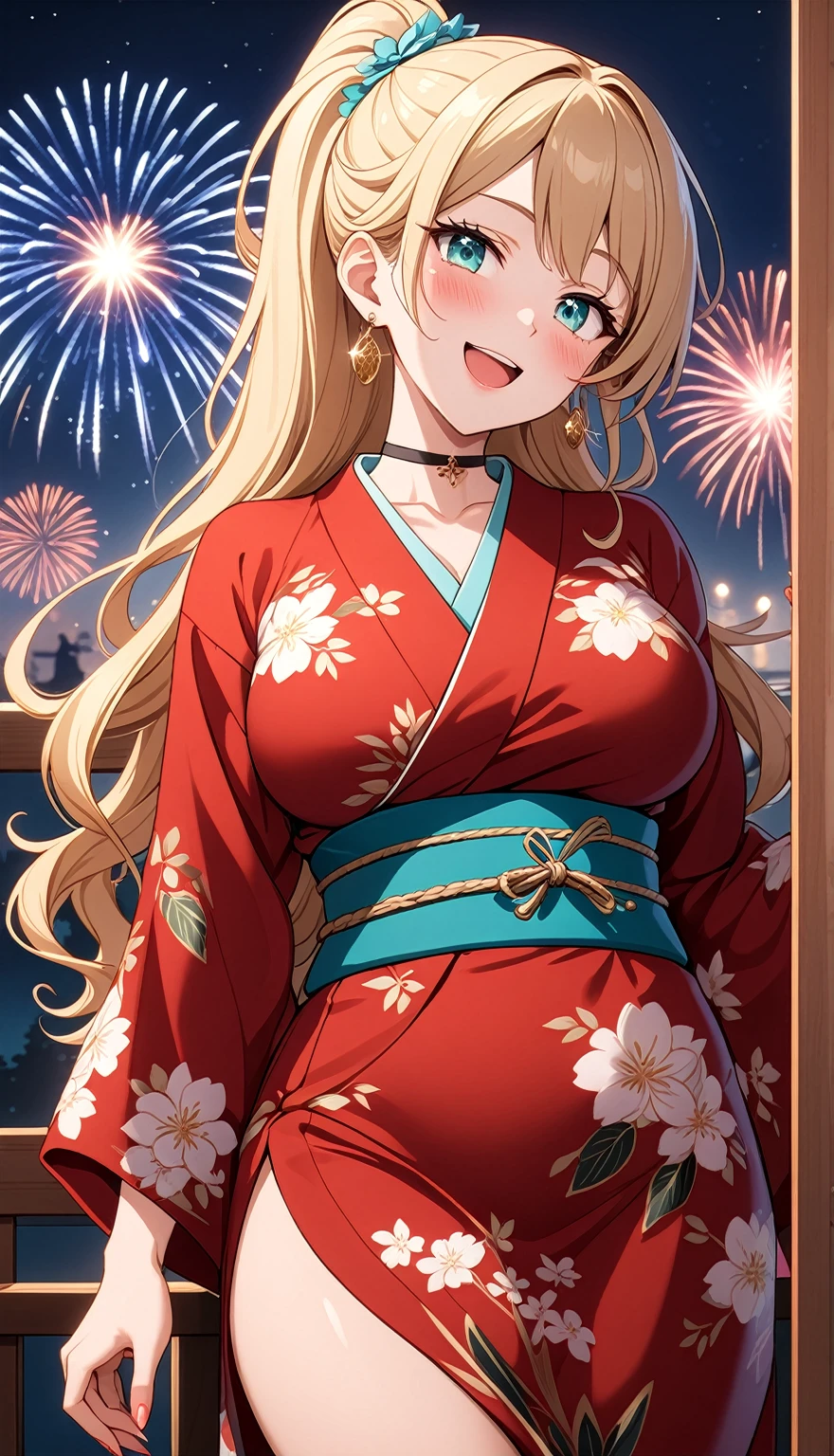 ((One personの女性)), Beautiful Face,(Laughing embarrassedly), (naughty face:1.2), ((Wink:1.9)), ((head tilt:1.6)), Laughing with your mouth open, upper teeth, ((full-face blush:1.5)), looking at viewer, Glossy Red Lips, (Shining Face), ((anime colored)), ((Anime style background)) , night, Observatory, Festival decorations, firework, ,masterpiece, Highest quality, so beautiful,up to date, Complex details, (Pink long nails),(ring),(bracelet),(choker),AI-generated, Complex,High resolution, Highest quality, super high quality,3D Images、3D Images,One person,Long blonde hair,ponytail, wavy hair ,写真のポーズをとるAnime Women, ((Fine grain、Lightly pigmented turquoise eyes、Shining Eyes:1.3)), (Squint your eyes:1.1),a hyperRealistic , hyperRealistic , Realistic,Anime Women, Smooth anime CG art, ((A woman in a gorgeous kimono embroidered with gold)), ((Red long sleeve kimono:1.4)),((white floral pattern:1.3)), Long flower hair ornament,Earrings,Mature Body,(Big Breasts:1.1),Tall,Abdominal muscles,Tight waist,(face focus:1.3), ((front view)),