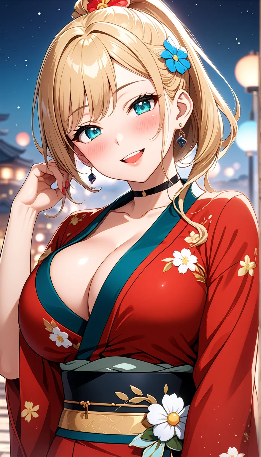 ((One personの女性)), Beautiful Face,(Laughing embarrassedly), (naughty face:1.2), ((Wink:1.9)), ((head tilt:1.6)), Laughing with your mouth open, upper teeth, ((full-face blush:1.5)), looking at viewer, Glossy Red Lips, (Shining Face), ((anime colored)), ((Anime style background)) , night, Observatory, Festival decorations, firework, ,masterpiece, Highest quality, so beautiful,up to date, Complex details, (Pink long nails),(ring),(bracelet),(choker),AI-generated, Complex,High resolution, Highest quality, super high quality,3D Images、3D Images,One person,Long blonde hair,ponytail, wavy hair ,写真のポーズをとるAnime Women, ((Fine grain、Lightly pigmented turquoise eyes、Shining Eyes:1.3)), (Squint your eyes:1.1),a hyperRealistic , hyperRealistic , Realistic,Anime Women, Smooth anime CG art, ((A woman in a gorgeous kimono embroidered with gold)), ((Red long sleeve kimono:1.4)),((white floral pattern:1.3)), Long flower hair ornament,Earrings,Mature Body,(Big Breasts:1.1),Tall,Abdominal muscles,Tight waist,(face focus:1.3), ((front view)),