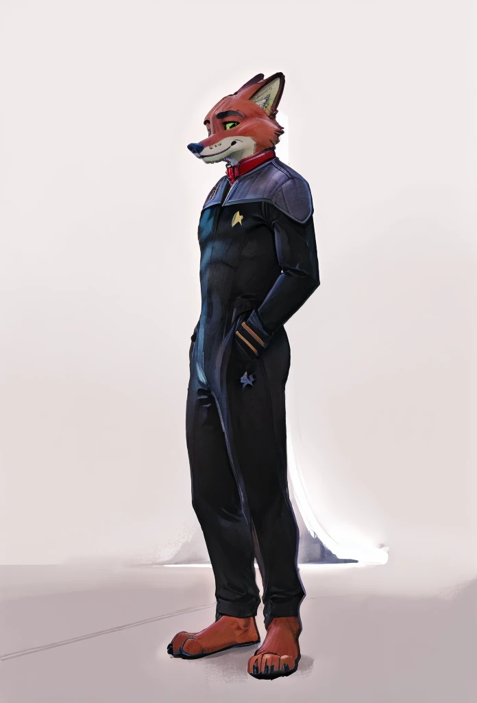 (((Barefoot furry character, full body, cinematic setting, furry male, plantigrade))) 

(((Nick Wilde))) exudes confidence and authority as he sits in the captain's chair, and his (((Star Trek DS9 uniform))) with the Starfleet Delta badge on his chest is a perfect match for his muscular figure. Handsome clawed feet paws dominate the bridge of the star ship and its crew. (((black and grey ds9st uniform with red collar))). Bridge of starship with many screens and consoles as background, futuristic look, metalic. anatomically correct, Long black pants, black shirt with gray shoulders, red collar.

BREAK, intricate details, highly detailed, extreme detail, octane render, fine art, best quality, highres, (detailed face:1.5), ((full_body)), UHD, (((perfect hands))), low light