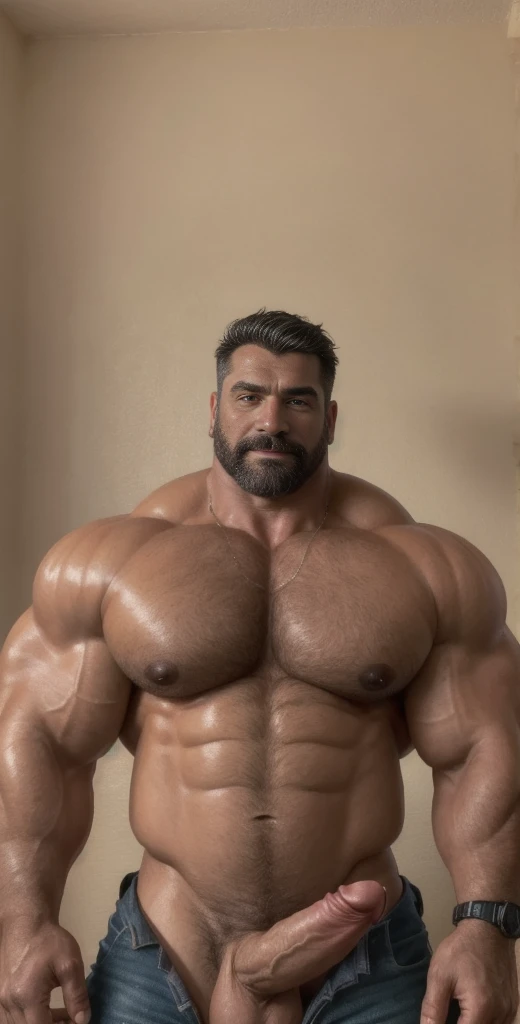 Cinematic soft lighting illuminates a stunningly detailed and ultra-realistic hyper muscular handsome aged 51 "indian" beefycake daddy muscle hunk bodybuilder with big arms, morphed muscles, exuding huge sexual aura, meticulous muscle definition, fade cut, swollen, erection, jacked, very dark skinned, big pecs, ((bara)), tan skin, that is trending on ArtStation. Octane is the perfect tool to capture the softest details of this 16k photography masterpiece