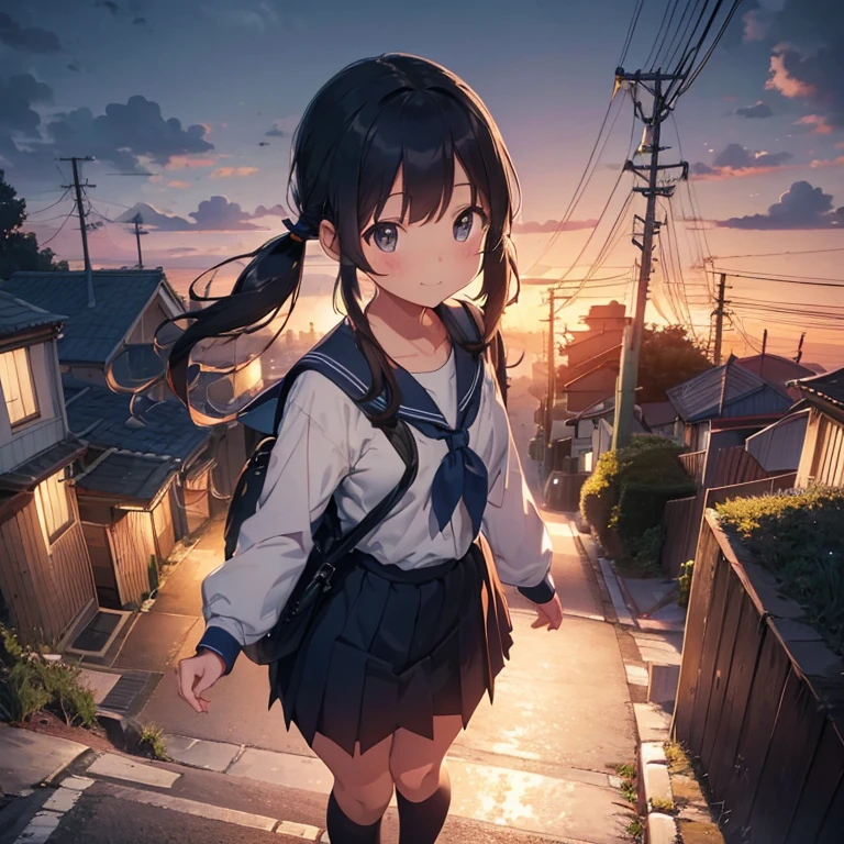 best quality, detailed, masterpiece, 1 girl, standing, gentle smile, 15yo, (low twintails:1.4), low pigtails, black hair, long hair, (navy blue sailor suit with blue ribbon:1.2), long sleeves, (dark brown eyes), (school bag), from the front, from little above, POV, alone, (very downhill:1.4), long hill straight road to the back, electric pole, electric cable, hill town, housing, cityscape, sea on the back in the distance, nice view, evening, orange sky, animation