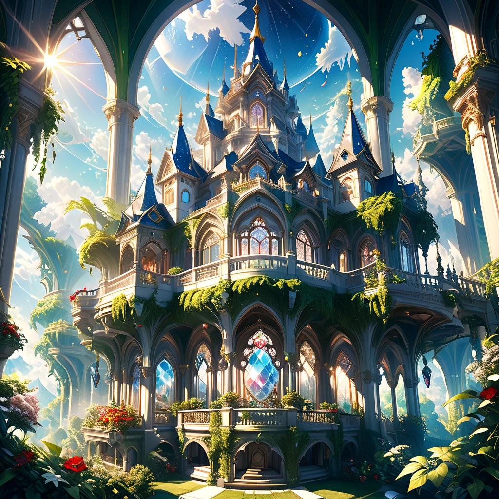 a magnificent floating royal castle in the sky, It is made of a material that resembles a mixture of pure white marble and transparent crystal, a huge astronomical telescope on the balcony, ornate architecture, highly detailed, intricate carvings and decorations, glowing crystals, sunlight streaming through stained glass windows, overflowing gardens, lush greenery, (best quality,4k,8k,highres,masterpiece:1.2),ultra-detailed,(realistic,photorealistic,photo-realistic:1.37),detailed lighting, dramatic shadows, vibrant colors, fantasy, digital art, concept art