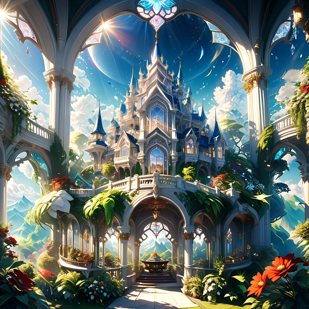 a magnificent floating royal castle in the sky, It is made of a material that resembles a mixture of pure white marble and transparent crystal, a huge astronomical telescope on the balcony, ornate architecture, highly detailed, intricate carvings and decorations, glowing crystals, sunlight streaming through stained glass windows, overflowing gardens, lush greenery, (best quality,4k,8k,highres,masterpiece:1.2),ultra-detailed,(realistic,photorealistic,photo-realistic:1.37),detailed lighting, dramatic shadows, vibrant colors, fantasy, digital art, concept art