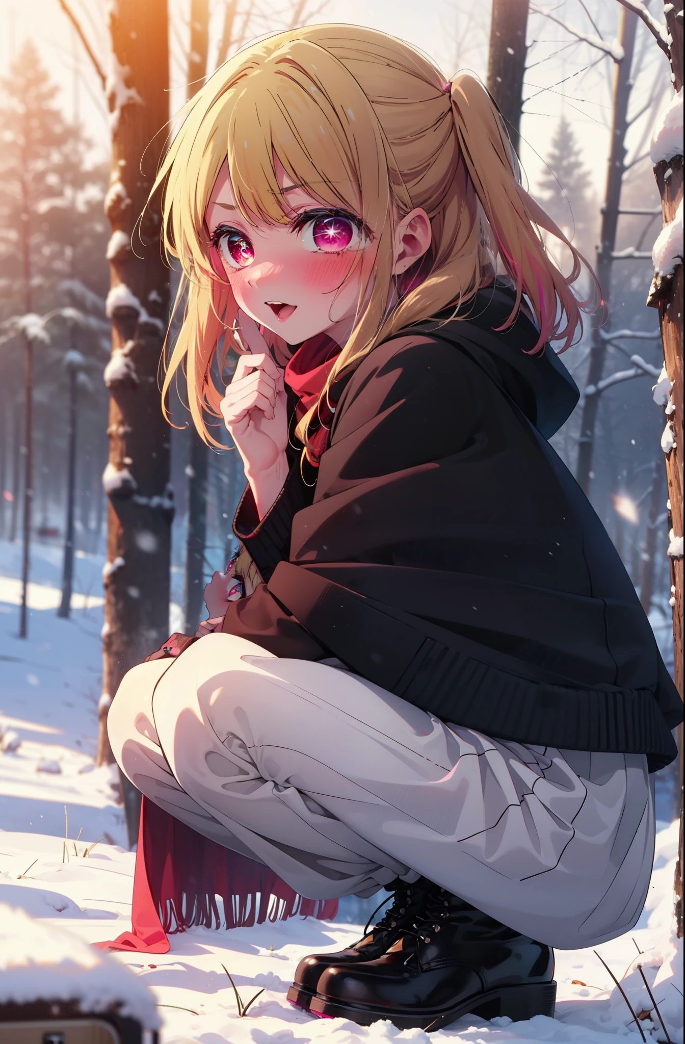 rubyhoshino, Hoshino Ruby, Long Hair, bangs, Blonde, (Pink Eyes:1.3), (Symbol-shaped pupil:1.5), Multicolored Hair, Two-tone hair, smile,blush,White Breath,
Open your mouth,snow,Ground bonfire, Outdoor, boots, snowing, From the side, wood, suitcase, Cape, Blurred, , forest, White handbag, nature, Squat, Mouth closed, Cape, winter, Written boundary depth, Black shoes, red Cape break looking at viewer, Upper Body, whole body, break Outdoor, forest, nature, break (masterpiece:1.2), Highest quality, High resolution, unity 8k wallpaper, (shape:0.8), (Beautiful and beautiful eyes:1.6), Highly detailed face, Perfect lighting, Highly detailed CG, (Perfect hands, Perfect Anatomy),
