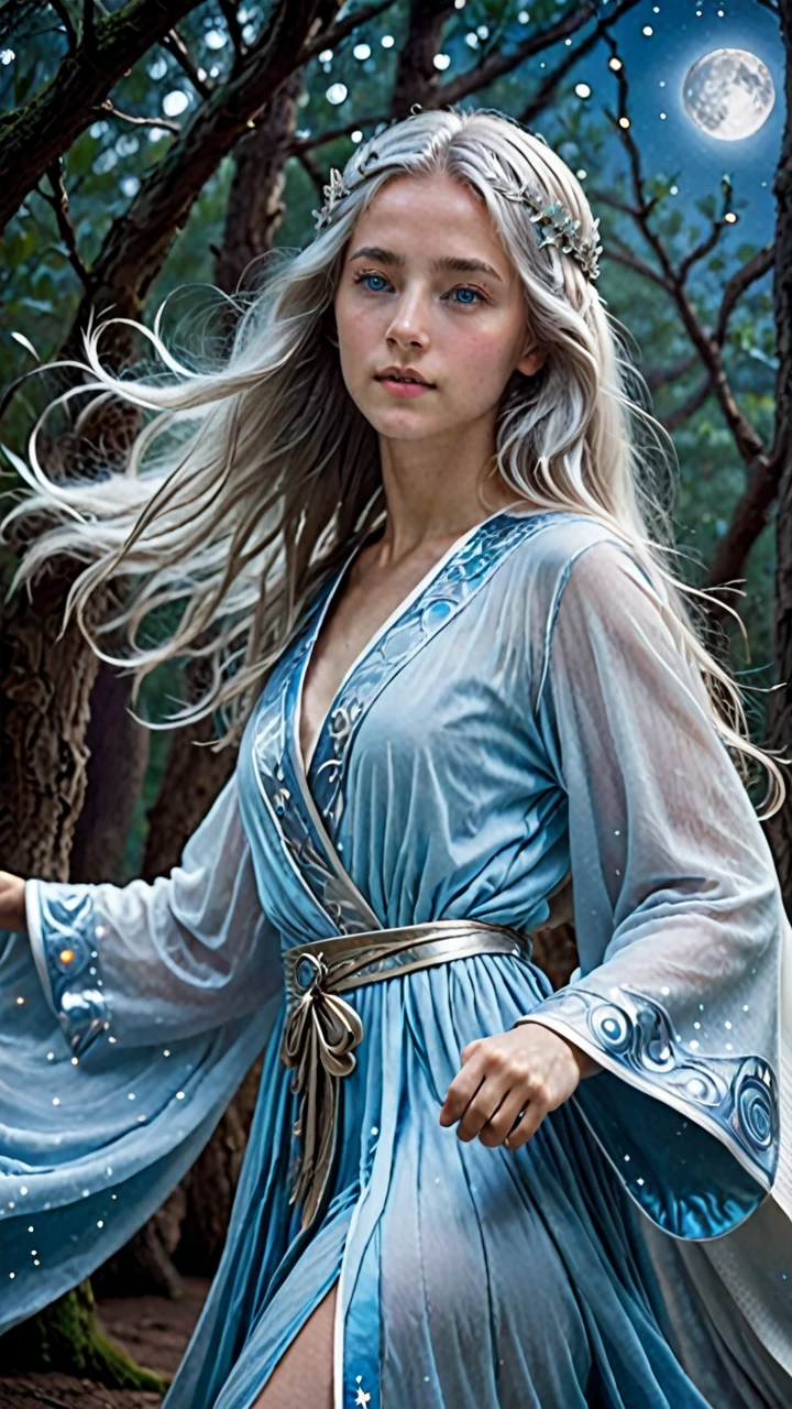 “A young female guardian spirit with a quiet strength and ancient wisdom. She has long, silver hair that shimmers like moonlight. Her large, expressive blue eyes can peer into the soul of those she gazes upon. Her skin has a translucent quality, as if she is cloaked in light. Adorned in a robe decorated with white and silver, it is delicately patterned with stars that seem to shift like constellations as she moves. The guardian spirit maintains a composed demeanor and graceful poise, while harboring deep affection and a protective instinct for those she guards. She also has a strong connection to the natural world, able to communicate with animals and plants.”