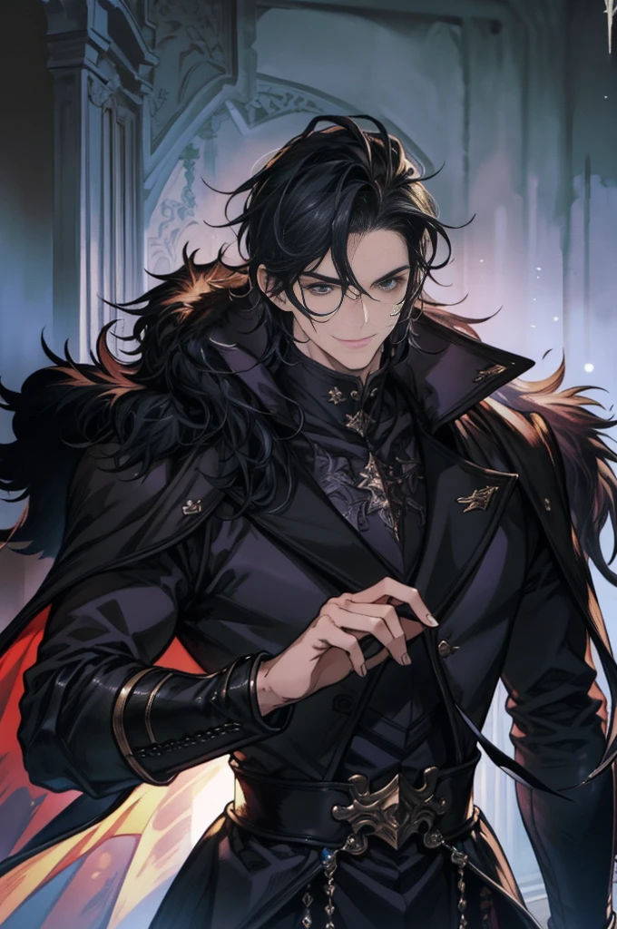 Masterpiece, Highest quality, realistic, 1 person, mature man, A quiet and charming young man, 30 years old, smile, gag, Portrait, Highly detailed face, 寒さとsmile, ((blue eyes)), ((black short hair)), [Thick eyebrows], dark palace, ((black long coat)), ((all black)), (blue eyes) ,Short Black Quiff Hair with Soft Fringe, handsome , muscle, Facial expressions, Black Knight Armor , black fur shawl(Masterpiece,best quality,special, (Broad shoulders)) (muscle), male focus, holding a long sword