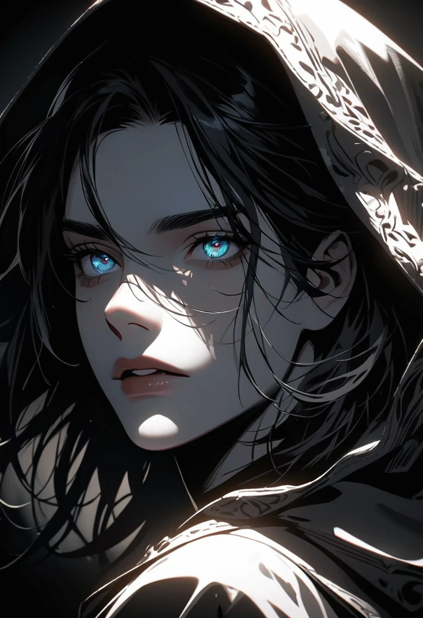 a man with short black hair with smoky gray tips, beautiful detailed eyes, beautiful detailed lips, extremely detailed face, black shirt, black and white background, hood, dramatic lighting, cinematic, moody, high contrast, dark fantasy