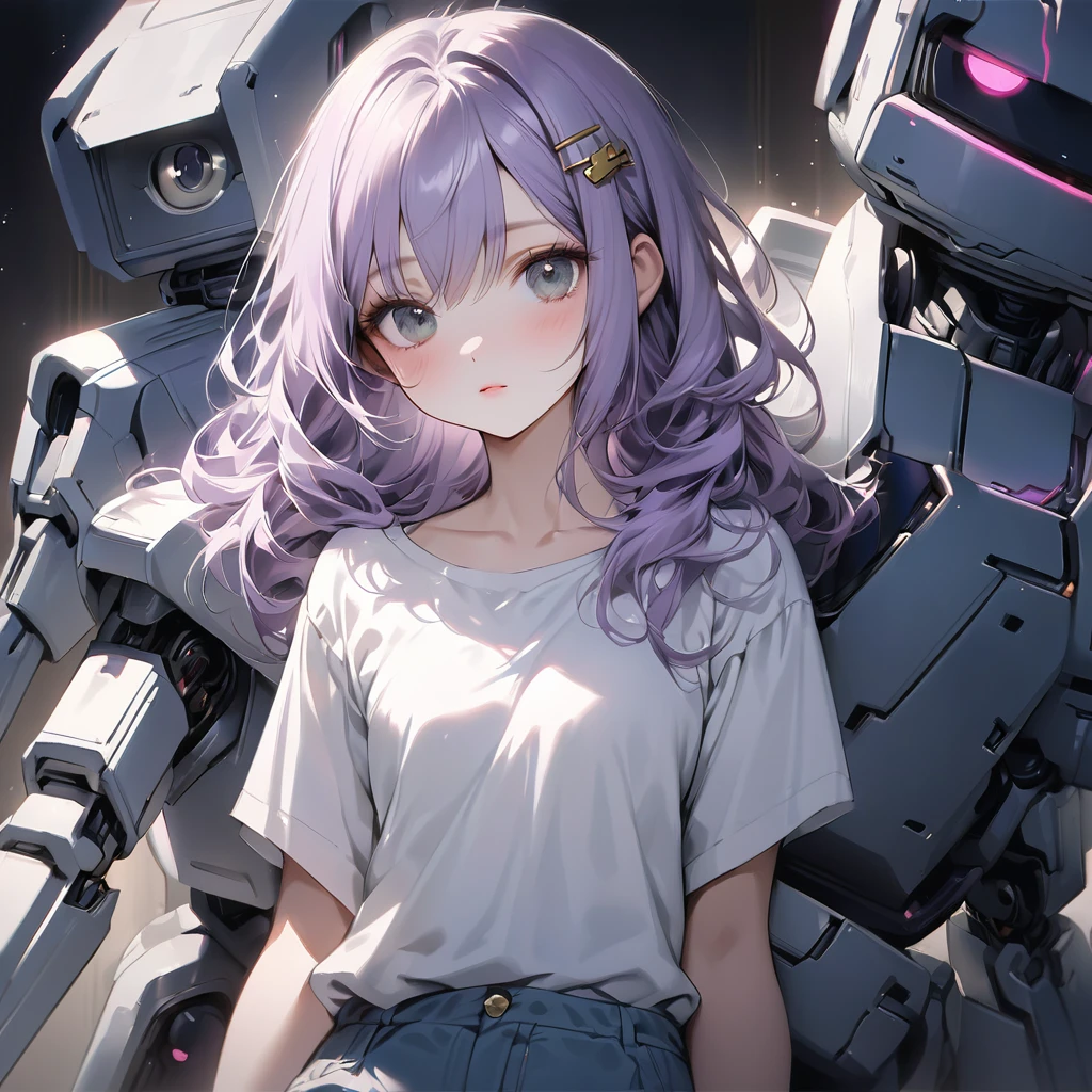 (Cute a girl and robot:1.5), (a girl with closs hair pin,pale purple hair,bluntbangs hair,green and black eyes,
a girl is wearing a white T-shirt and navy blue shorts,,look at viewer:1.4),A blue cat-shaped robot from the future, about 100cm tall.
(masterpiece:1.3), anime visual, (Lovey-dovey:1.5), (tilt head:1.3), extremely delicate face, soft clean focus, realistic lighting and shading, (an extremely delicate and beautiful art:1.3), elegant, (muted colors:1.1), small breast,