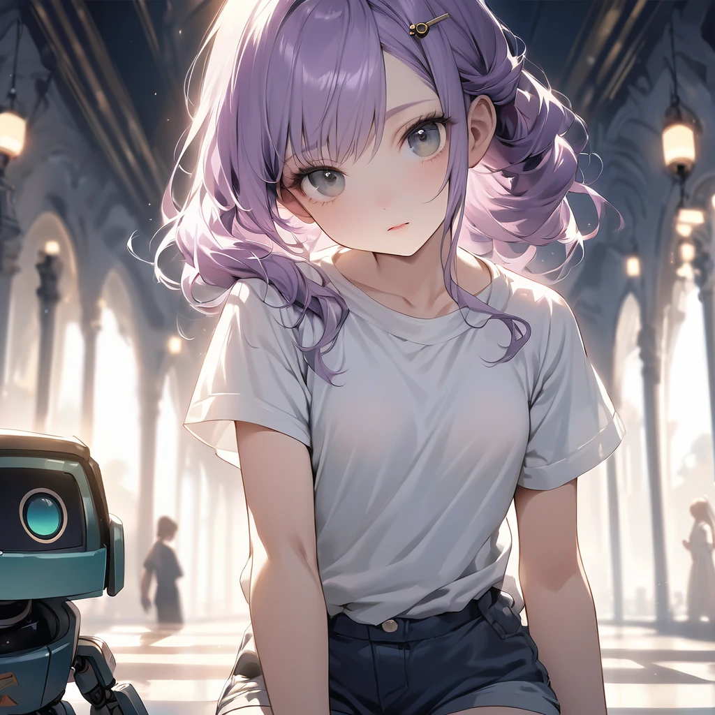 (Cute a girl and robot:1.5), (a girl with closs hair pin,pale purple hair,bluntbangs hair,green and black eyes,
a girl is wearing a white T-shirt and navy blue shorts,,look at viewer:1.4),A blue cat-shaped robot from the future, about 100cm tall.
(masterpiece:1.3), anime visual, (Lovey-dovey:1.5), (tilt head:1.3), extremely delicate face, soft clean focus, realistic lighting and shading, (an extremely delicate and beautiful art:1.3), elegant, (muted colors:1.1), small breast,