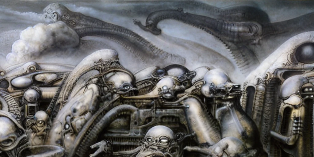 Giger_style, The image is a detailed view of H.R. Giger's \" Landscape XVI \" plate, featuring a complex network of bones and organs in a purple-brown hue ,swirling gray and brown colors. The artwork is silver and purplish brown, with an ivory bones prominently displayed. The image is highly detailed and intricate, almost like a 3d version of a medical sketch.
The piece is a tableau, Giger_style, A painting of (biological style scenery), (neoplasticism:liminal void:0.1),a landscape under nebulous sky, dieselpunk biological living, colossal,mechano-organic, infestations over beomesurreal biomechanical landscape, , robotics cross sections, ((perspective)), h r giger's city,giger_style, by (hariton pushwagner:h.r. giger:0.6), detailed innards,(((cleen colors palette,saturated, silver crimson and gold, intoxicatingly blue and understand grey))), (process art:deconstructivism), allegory of sin,infinitely detailed ultrafine and contrast organic textures,big painting,, medium: airbrush, biomech, aerial view yoji shinkawa, award winning on artforum, (( high contrast)), trend on quality of details,colorized: vibrant colors, incredibly detailed and hyper-detailed, masterpiece