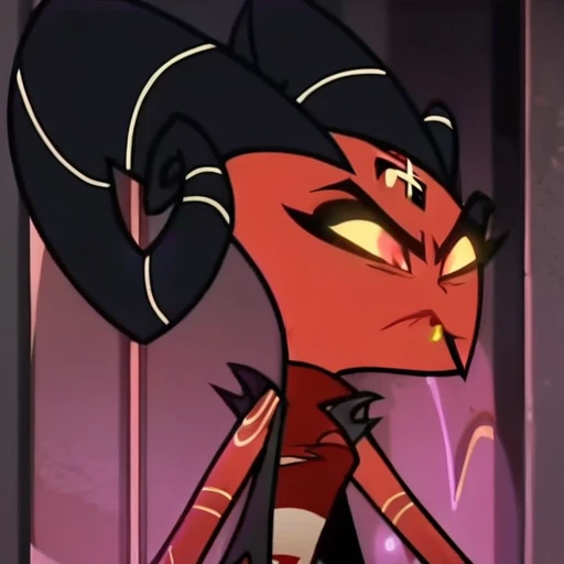 barbie wire, 1girl, demon girl, red skin, forehead tattoo, arm tattoos, horns, striped dress, leather jacket, screencap, front facing view, closed mouth,
