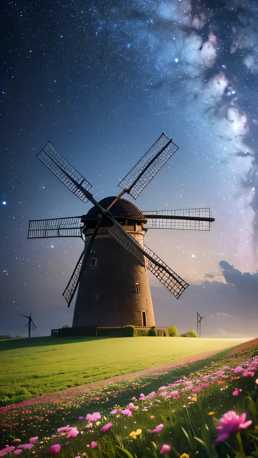 action,old windmill,wind,flowers,(side shot:1.3),bottom view,on the ground,evening,particles,rotation,galaxies in the sky,ral-dryflwrs,8k,F2.8,RAW Photo,ultra detailed,