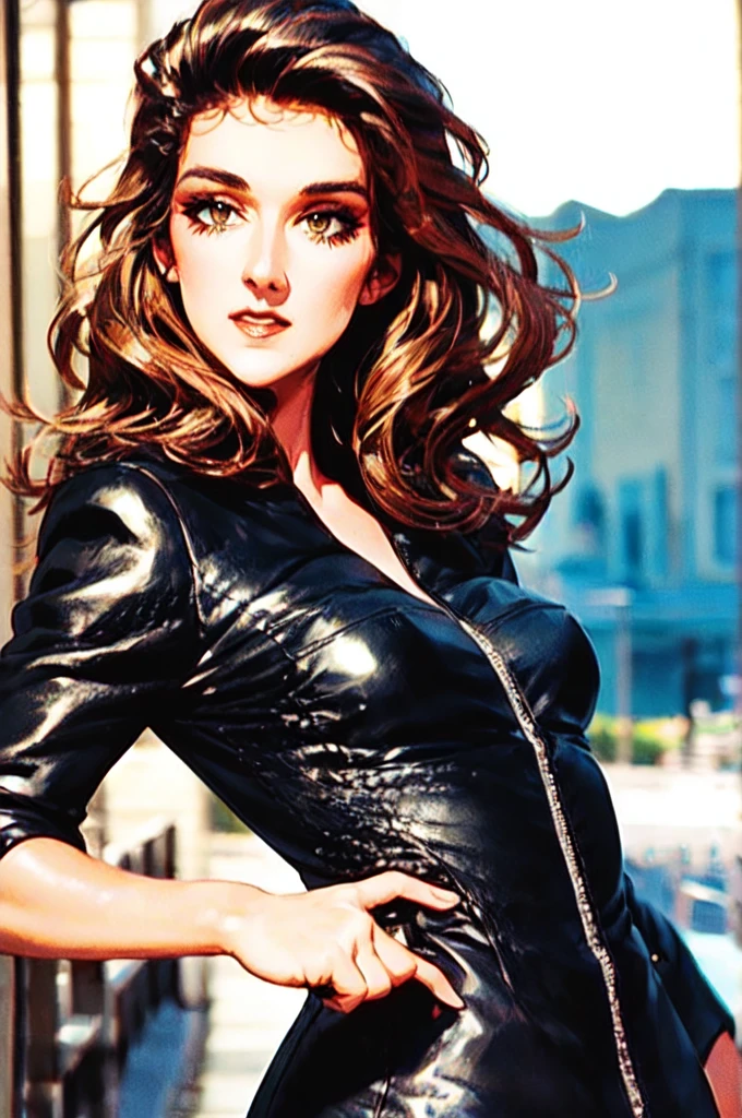 a young celine dion, 20 years old, gorgeous woman, wearing a romper and leather jacket, detailed face, striking eyes, luscious lips, long eyelashes, elegant pose, full body, outdoor setting, warm lighting, cinematic composition, highly detailed, photorealistic, masterpiece, high quality