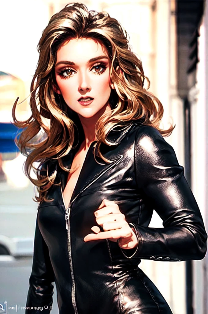 a young celine dion, 20 years old, gorgeous woman, wearing a romper and leather jacket, detailed face, striking eyes, luscious lips, long eyelashes, elegant pose, full body, outdoor setting, warm lighting, cinematic composition, highly detailed, photorealistic, masterpiece, high quality