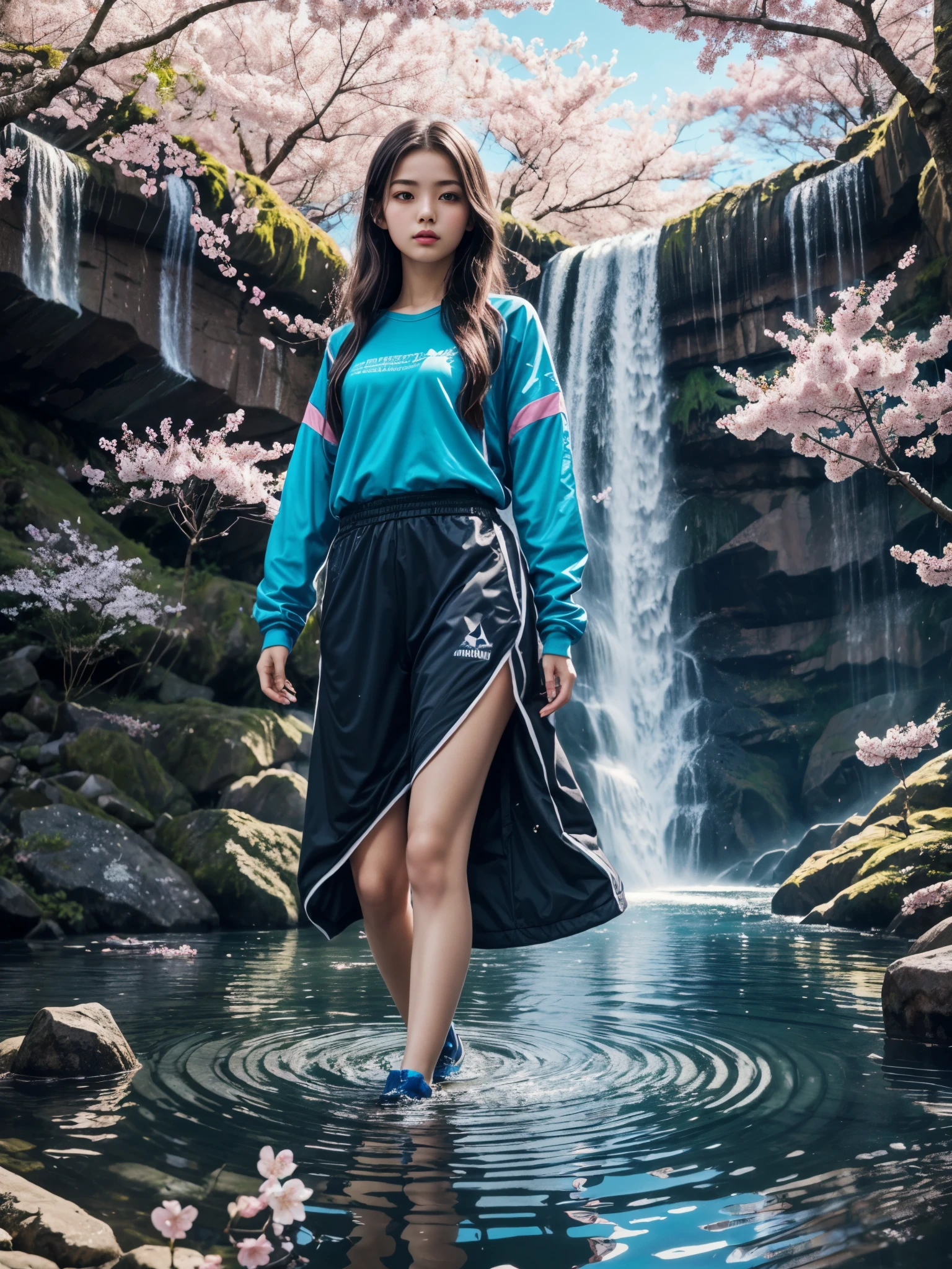 1girl, medium wide shot, (full body:0.6), detailed face, looking at viewer, medium length hair, sportswear, mystical, supernatural world, cherry blossom tree on water, shimmering waterfalls, graffiti walls, water reflection, magical atmosphere, enchanting luminescent glow, (best quality), masterpiece, vibrant and contrast color,