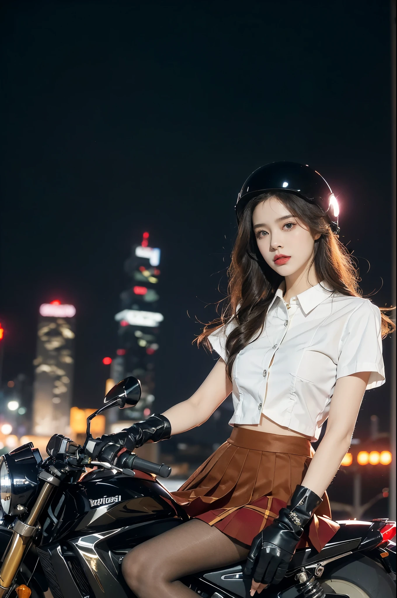 (((best quality))),(((ultra detailed))),(((masterpiece))),illustration,(1 beautiful girl,solo),((slim,thin)),((small breasts,flat chest)),(safety helmet:1.3),shoulder length straight bob hair,slender legs,cyberpunk, urban street,high school student, JK outfit,(riding on a motorcycle:1.3), sleek, (white collared short-sleeved shirt:1.3),(gloves:1.2),(red checkered pleated skirt:1.3),(pantyhose:1.3), stylish boots, confidence, determination, dark streets,neon lights, skyscrapers, urban noises, traffic, sirens, city sounds, futuristic, dystopian society, technology, fashion, explosive cocktail, style, , modernity, attitude, spirit, anything is possible,((from front,upper body))
