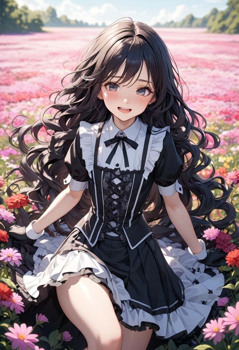 NSFW , ultra detailed, hyper detailed, best quality, highres, 4K, field of flowers, woman, puzzled, happy, , shy, very long hair, wave hair, gradient hair, tall, slender,flat chest, gothic ta, up skirt ,white panties , gloves, dappled sunlight,