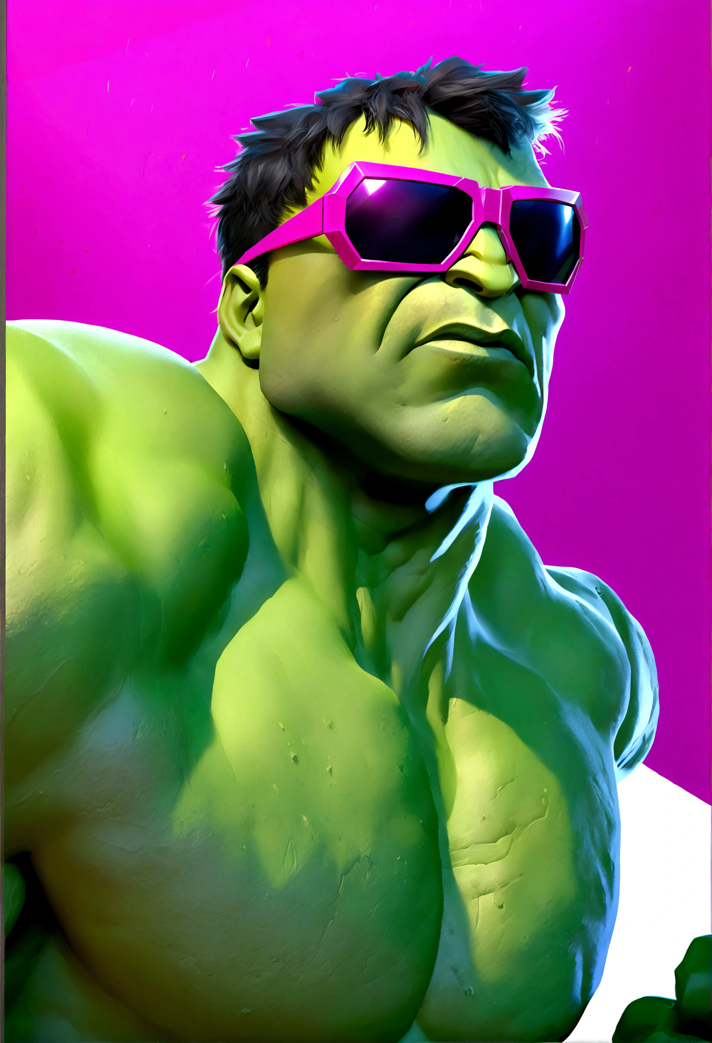 a muscular green humanoid,the incredible hulk,striking a noble heroic pose,wearing huge pink beach sunglasses,detailed facial features,extremely detailed face and body,photorealistic,epic,dramatic lighting,cinematic composition,vivid colors,high contrast,intricate details,digital painting,concept art style,8k,best quality,masterpiece