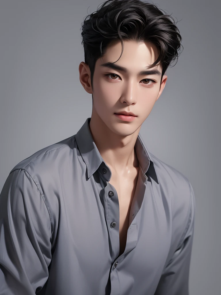 ((High quality)), ((masterpiece)), ((highly detailed)), perfect face, realistic, ((man)), ((Asian)), black hair, korean boy, portrait, cute guy, handsome guy, grey wallpaper, brown eyes, sexy, one lid, casual shirt, pale skin, korean actor, asian eyes