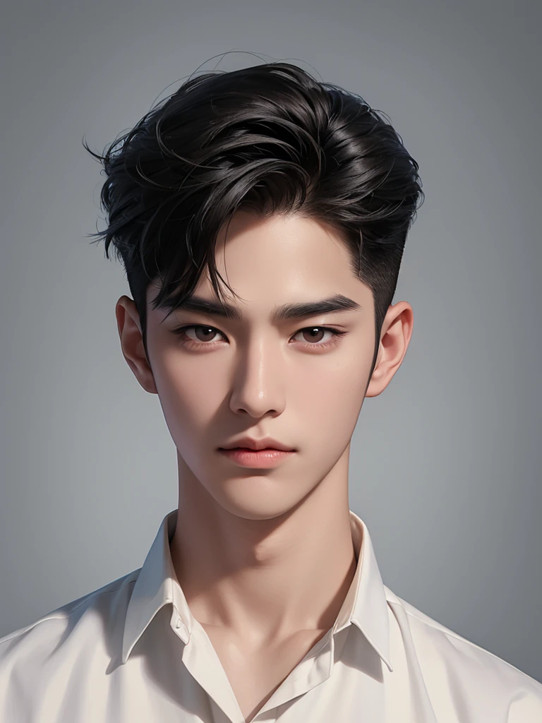 ((High quality)), ((masterpiece)), ((highly detailed)), perfect face, realistic, ((man)), ((Asian)), black hair, korean boy, portrait, cute guy, handsome guy, grey wallpaper, brown eyes, sexy, one lid, casual shirt, pale skin, korean actor, asian eyes