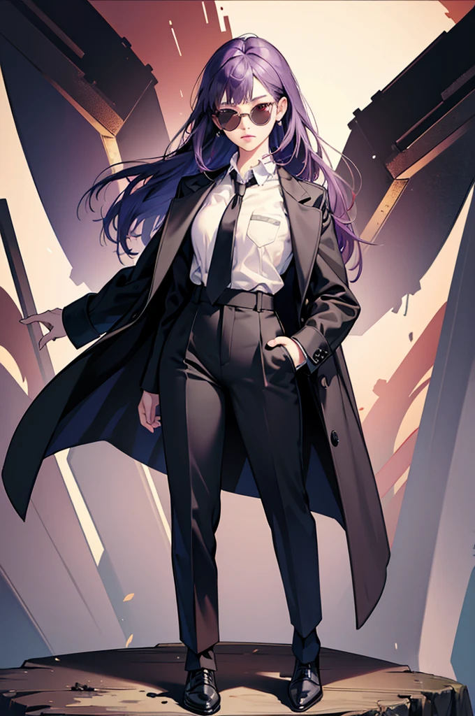 ((masterpiece)),((best quality)),((High Detail)),(8K)) ((Extremely detailed)) Cartoonist illustration, full-body shot,close up,A girl,Purple Hair,Waist-length hair,Red eyes,lol,自信的lol,Wearing a white shirt,Wear a black tie,Wear it over a black trench coat,Wear black pants,Wearing armband,Wear sunglasses
