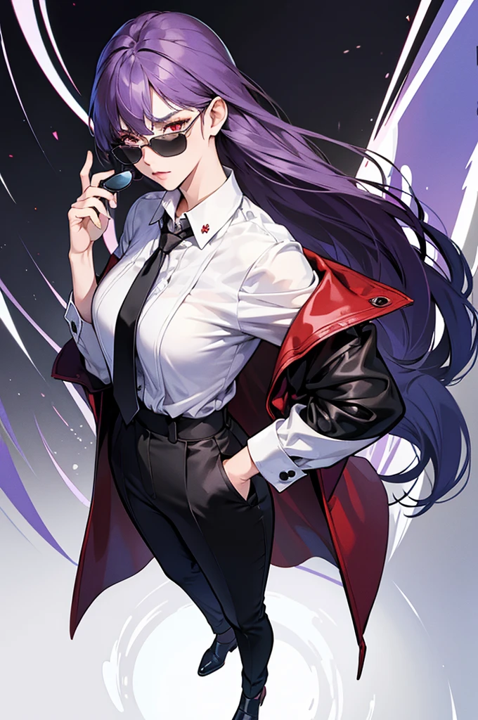 ((masterpiece)),((best quality)),((High Detail)),(8K)) ((Extremely detailed)) Cartoonist illustration, full-body shot,close up,A girl,Purple Hair,Waist-length hair,Red eyes,lol,自信的lol,Wearing a white shirt,Wear a black tie,Wear it over a black trench coat,Wear black pants,Wearing armband,Wear sunglasses