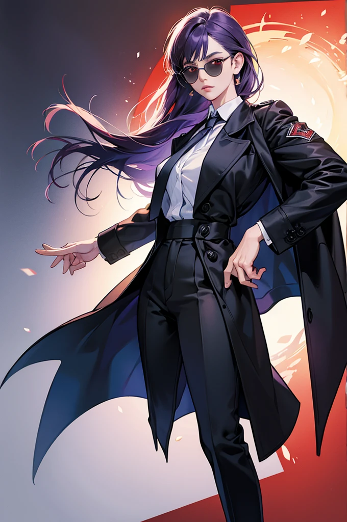 ((masterpiece)),((best quality)),((High Detail)),(8K)) ((Extremely detailed)) Cartoonist illustration, full-body shot,close up,A girl,Purple Hair,Waist-length hair,Red eyes,lol,自信的lol,Wearing a white shirt,Wear a black tie,Wear it over a black trench coat,Wear black pants,Wearing armband,Wear sunglasses