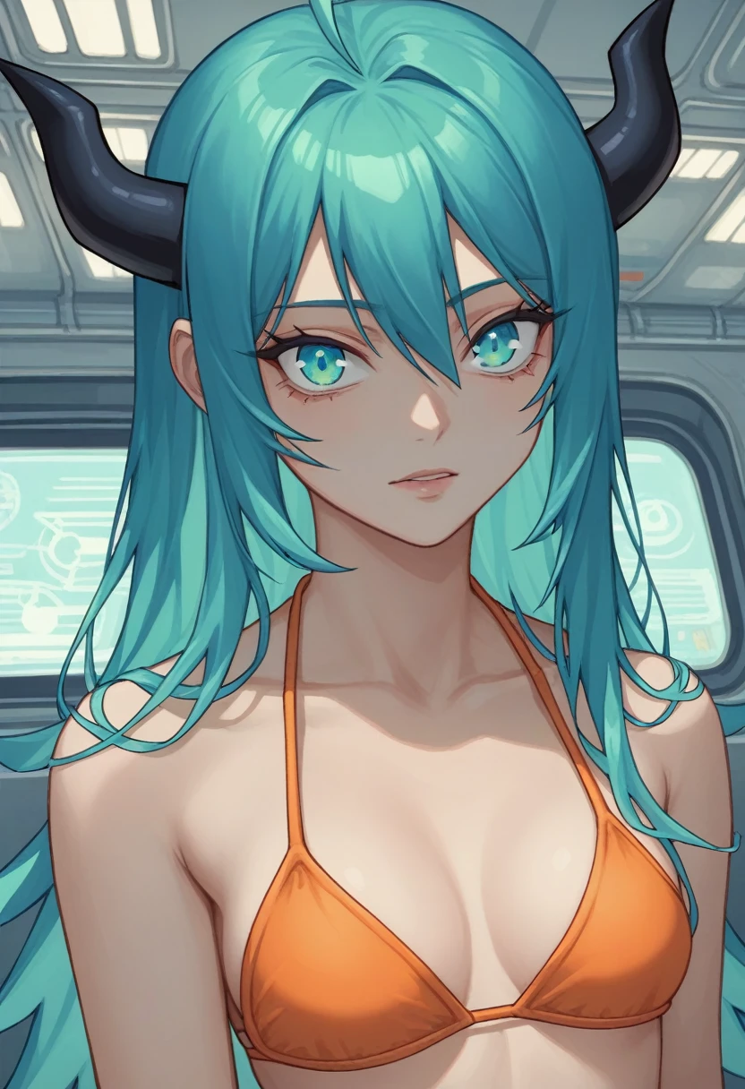 score_9, score_8_up, score_7_up,1 daemon woman, black  demon horns, black demon tail, (aquamarine hair),aquamarine green color hair,ahoge, long hair, (long hair),bangs, light orange bikini, bikini is orange, bikini orange, orange bikini!, (aquamarine eyes), background is spaceship, aquamarine eyes, 1woman ,facing viewer, daemon girl,  close up,Well-endowed, alone, Spacecraft interior