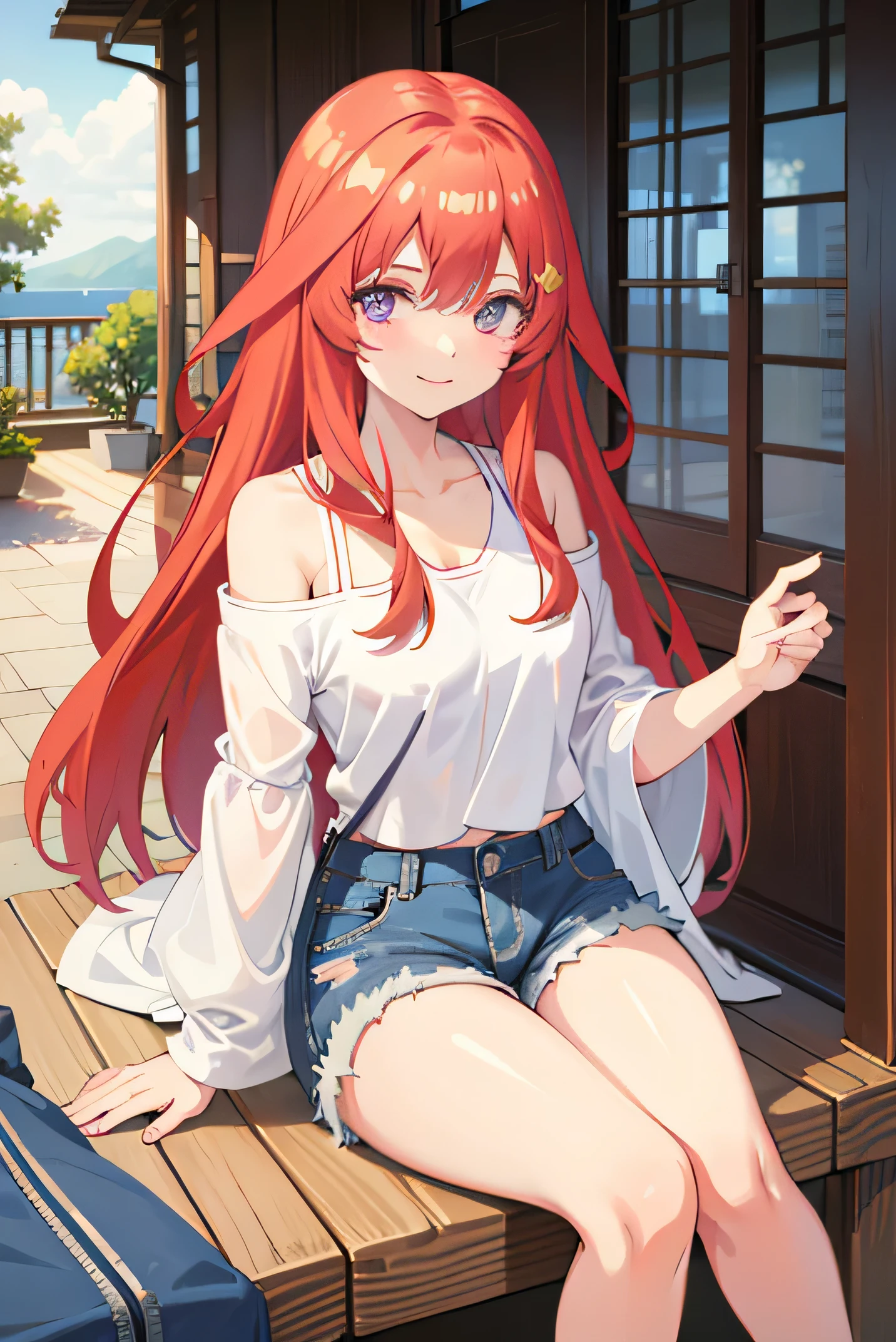 Best masterpiece, anime coloring, ultra-detail, 8k、((Sitting on the open corridor))、summer, morning, sun、White off-shoulder jeans with shorts、from below、looking down、smile