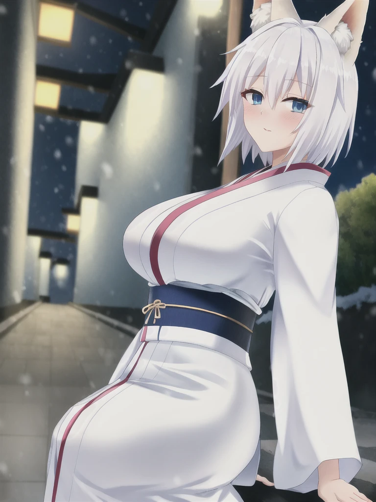 Fox ear, fox tail, white hair, short hair, blue eyes, blush, large breasts, kimono, white kimono, snow, night, looking at viewer,