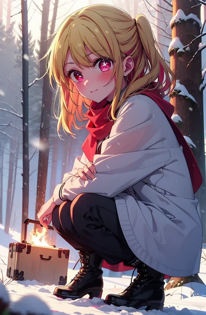 rubyhoshino, Hoshino Ruby, Long Hair, bangs, Blonde, (Pink Eyes:1.3), (Symbol-shaped pupil:1.5), Multicolored Hair, Two-tone hair, smile,blush,White Breath,
Open your mouth,snow,Ground bonfire, Outdoor, boots, snowing, From the side, wood, suitcase, Cape, Blurred, , forest, White handbag, nature, Squat, Mouth closed, Cape, winter, Written boundary depth, Black shoes, red Cape break looking at viewer, Upper Body, whole body, break Outdoor, forest, nature, break (masterpiece:1.2), Highest quality, High resolution, unity 8k wallpaper, (shape:0.8), (Beautiful and beautiful eyes:1.6), Highly detailed face, Perfect lighting, Highly detailed CG, (Perfect hands, Perfect Anatomy),