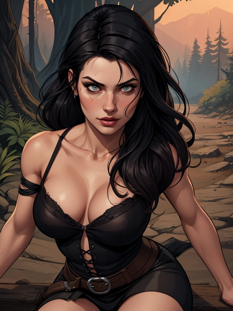 Ninja woman character with marks of war Cartoon image of a woman .cartoon style illustration, cartoon art style, cartoon art style, digital illustration style, highly detailed character design, courage detailed digital art, Forest Fan Art, Portrait Character Design, beautiful digital illustration, high-quality portrait, comic book art, young woman with beautiful hair . Beautiful lined eyes Medium large bust and wonderful sexy clothes. image expression of sexual desire from waist to head illustration a close-up of a woman in a skirt posing for a photo, neckleace, amaranth, Yennefer of vengerberg, Alena Aenami e Artgerm, better known as amaranth, beautiful maiden, Yennefer, tifa lockhart, lara croft medieval, revealing clothing, tifa lockheart, captivating and seductive