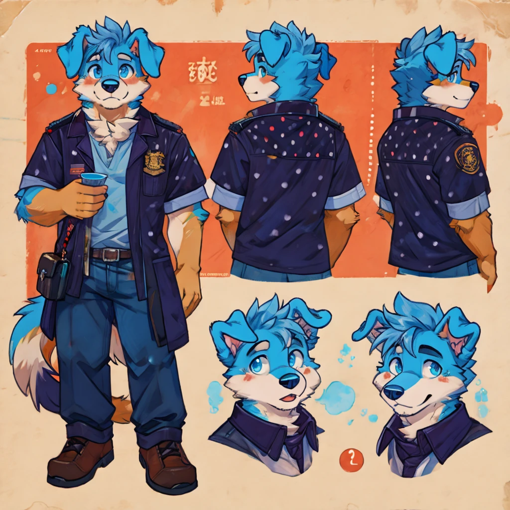 Furry, cute, dog with blue splashs and dots on him, hot, looking at viewer, man, ref sheet,