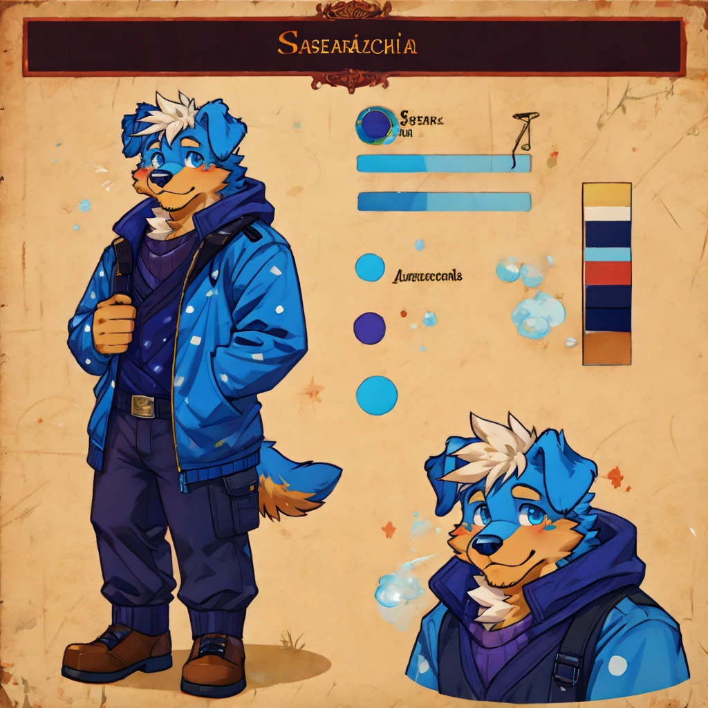 Furry, cute, dog with blue splashs and dots on him, hot, looking at viewer, man, ref sheet,