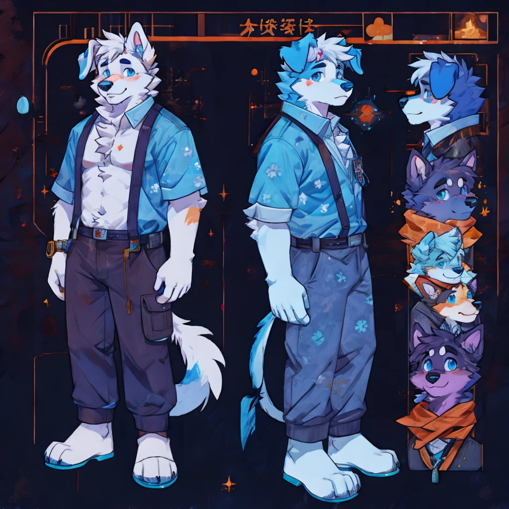 Furry, cute, dog with blue splashs and dots on him, hot, looking at viewer, man, ref sheet,