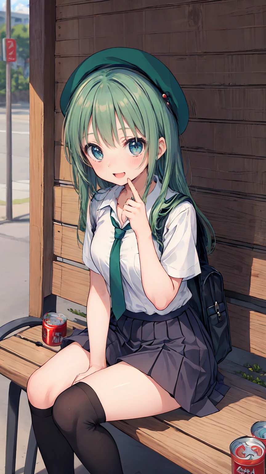 (masterpiece, highest quality), High resolution, Detailed face:1.2, (anime_style:1.2), Sharpness, 4K, A woman taking a photo, happy smile, Panic face, upset, Open your mouth, Long Hair, Green Hair, Straight hair, Fine skin, Beautiful Hands, Beautiful fingers, Wearing a beret, tie, Short sleeve blouse, Pleated skirt, school bag, Thighs, Absolute area, Knee socks, hand between legs, Hot summer day, School, Schoolyard, Sitting on a bench, holding Canned juice, Natural light, Sharp focus, Hasselblad Photography, Cinema Lighting, whole body, Canned juice,