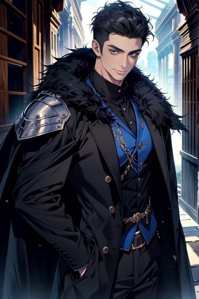 Masterpiece, Highest quality, realistic, 1 person, mature man, A quiet and charming young man, 30 years old, smile, gag, Portrait, Highly detailed face, 寒さとsmile, ((blue eyes)), ((black short hair)), [Thick eyebrows], dark palace, ((black long coat)), ((all black)), (blue eyes) ,Short Black Quiff Hair with Soft Fringe, handsome , muscle, Facial expressions, Black Knight Armor , black fur shawl(Masterpiece,best quality,special, (Broad shoulders)) (muscle), male focus, holding a long sword