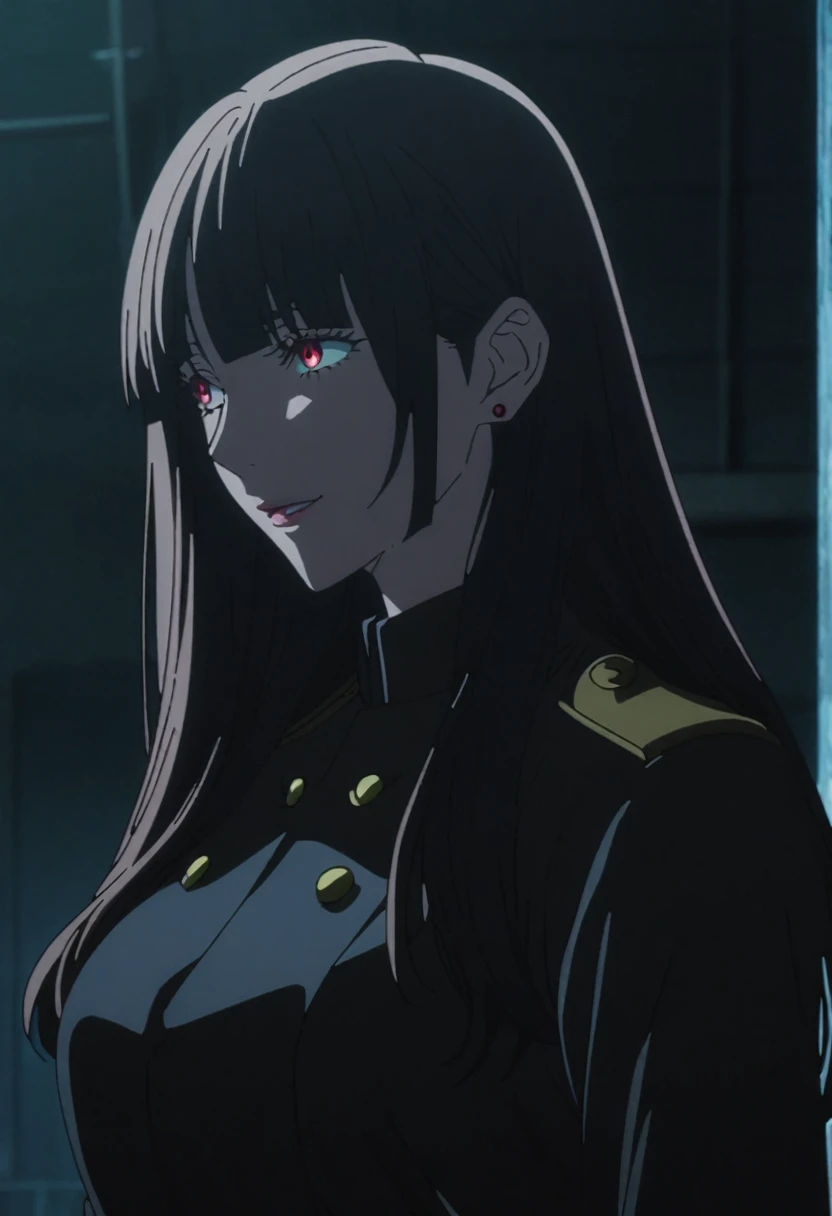 1girl, female gojo satoru, anime screencap from jujutsu kaisen, gojo satoru female version, solo, long_hair, Red eyes ((Black_hair)), night view, (hanging breasts) upper_body, smile, indoors, book, green_eyes, lips, (parted bangs) ((wearing black colour uniform with button)) breast, "very detailed and high resolution" (Red eyes) (cross arms) ((long hair)) ((solo)) (front view) (earings) ((high resolution)) ((good quality)) ((side bangs))