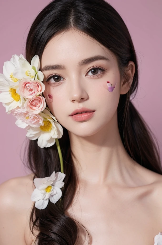 Illustration of a woman with flowers on her face, animation style, JoJo