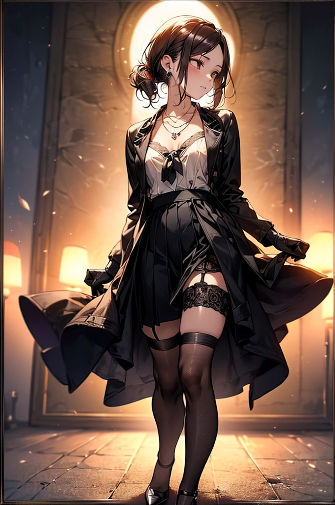((Biologically correct limb count))、(( Full-body photo including face))、4K、((Standing position))、masterpiece、((Focus on the face))、((Symmetrical facial features))、Eye for detailed depiction、Beautiful woman、Excellent style、Beautiful clavicle、Beautiful feet、Beautiful Hands、Slender body、(rubber tights、garter belt、High heels)、Facial detailing、Small earrings、necklace、(rubber jacket、Rubber Skirt)、High heelsに照明を当てる、tie、sunny、(((White framed photo)))、Fascinating、Night street、profile、(Low - Angle、A camera angle that captures the inside of a skirt from below)、gloves