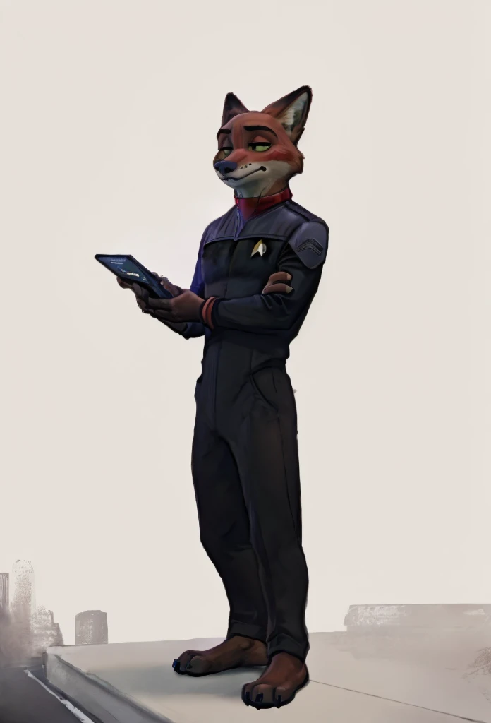 (((Barefoot furry character, full body, cinematic setting, furry male, plantigrade)))
(((Nick Wilde))) exudes confidence and authority as he sits in the captain's chair, and his (((Star Trek DS9 uniform))) with the Starfleet Delta badge on his chest is a perfect match for his muscular figure. Handsome clawed feet paws dominate the bridge of the star ship and its crew. (((black and grey ds9st uniform with red collar))). Bridge of starship with many screens and consoles as background, futuristic look, metalic. anatomically correct, Long black pants, black shirt with gray shoulders, red collar.
BREAK, intricate details, highly detailed, extreme detail, octane render, fine art, best quality, highres, (detailed face:1.5), ((full_body)), UHD, (((perfect hands))), low light
