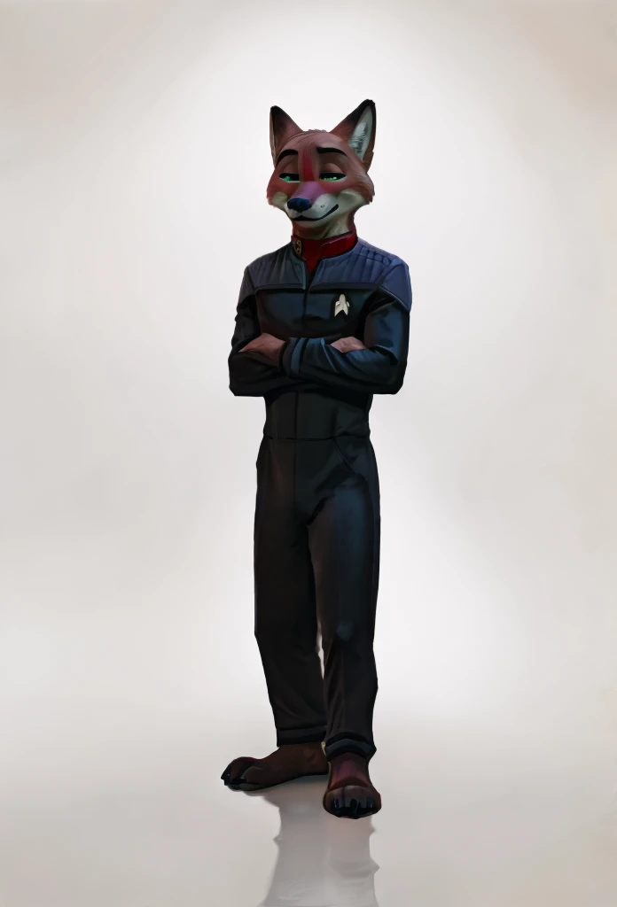 (((Barefoot furry character, full body, cinematic setting, furry male, plantigrade)))
(((Nick Wilde))) exudes confidence and authority as he sits in the captain's chair, and his (((Star Trek DS9 uniform))) with the Starfleet Delta badge on his chest is a perfect match for his muscular figure. Handsome clawed feet paws dominate the bridge of the star ship and its crew. (((black and grey ds9st uniform with red collar))). Bridge of starship with many screens and consoles as background, futuristic look, metalic. anatomically correct, Long black pants, black shirt with gray shoulders, red collar.
BREAK, intricate details, highly detailed, extreme detail, octane render, fine art, best quality, highres, (detailed face:1.5), ((full_body)), UHD, (((perfect hands))), low light