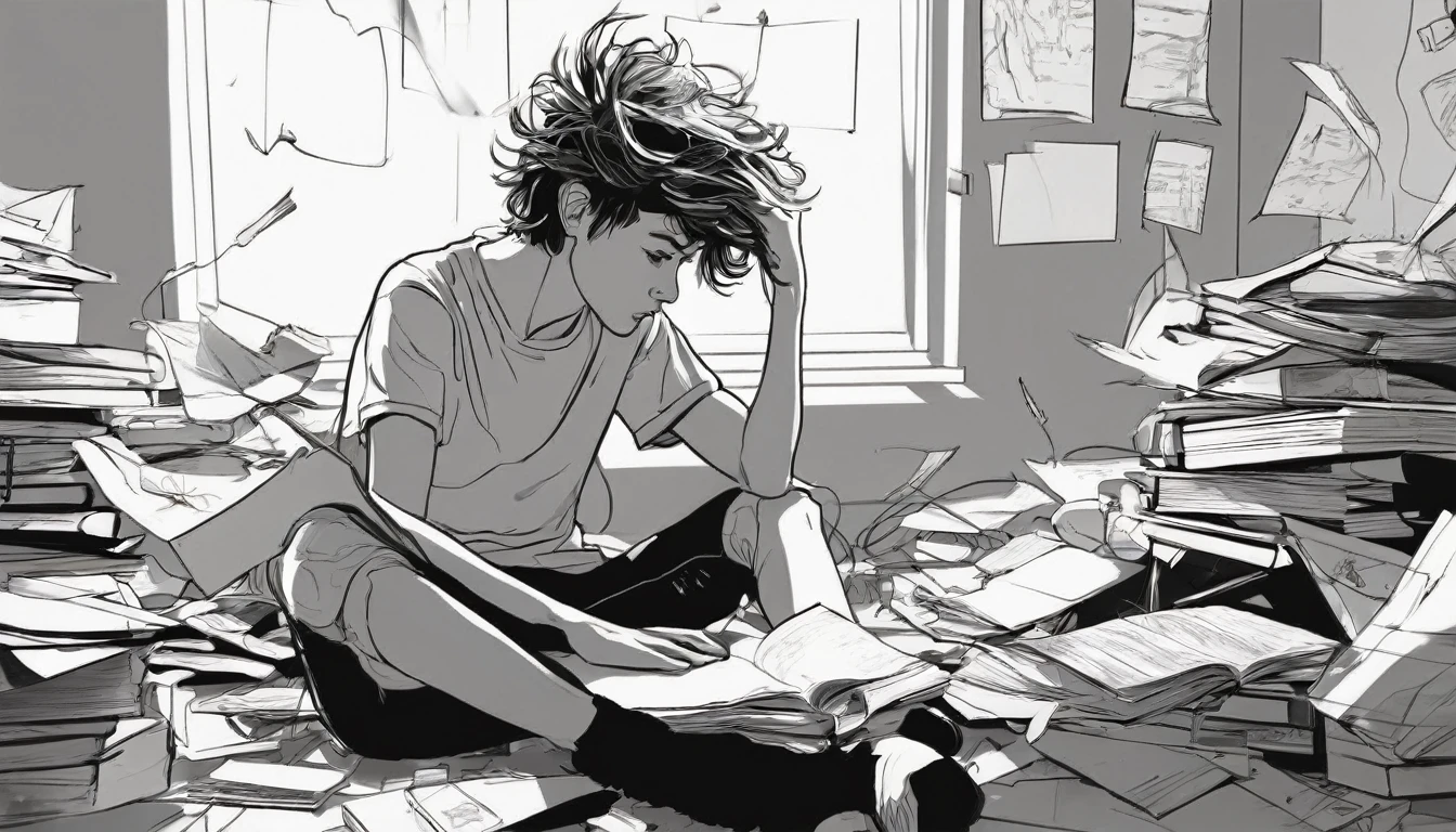 Draw a sketch illustration of a teenager with a chaotic mind. The teenager is sitting in the corner of a messy room, holding their head with disheveled hair. Surrounding them are various objects like scattered papers, open books, and gadgets lying around haphazardly. Their expression shows confusion and anxiety. Make the atmosphere of the image feel gloomy and stressful, with dim lighting and sharp shadows.