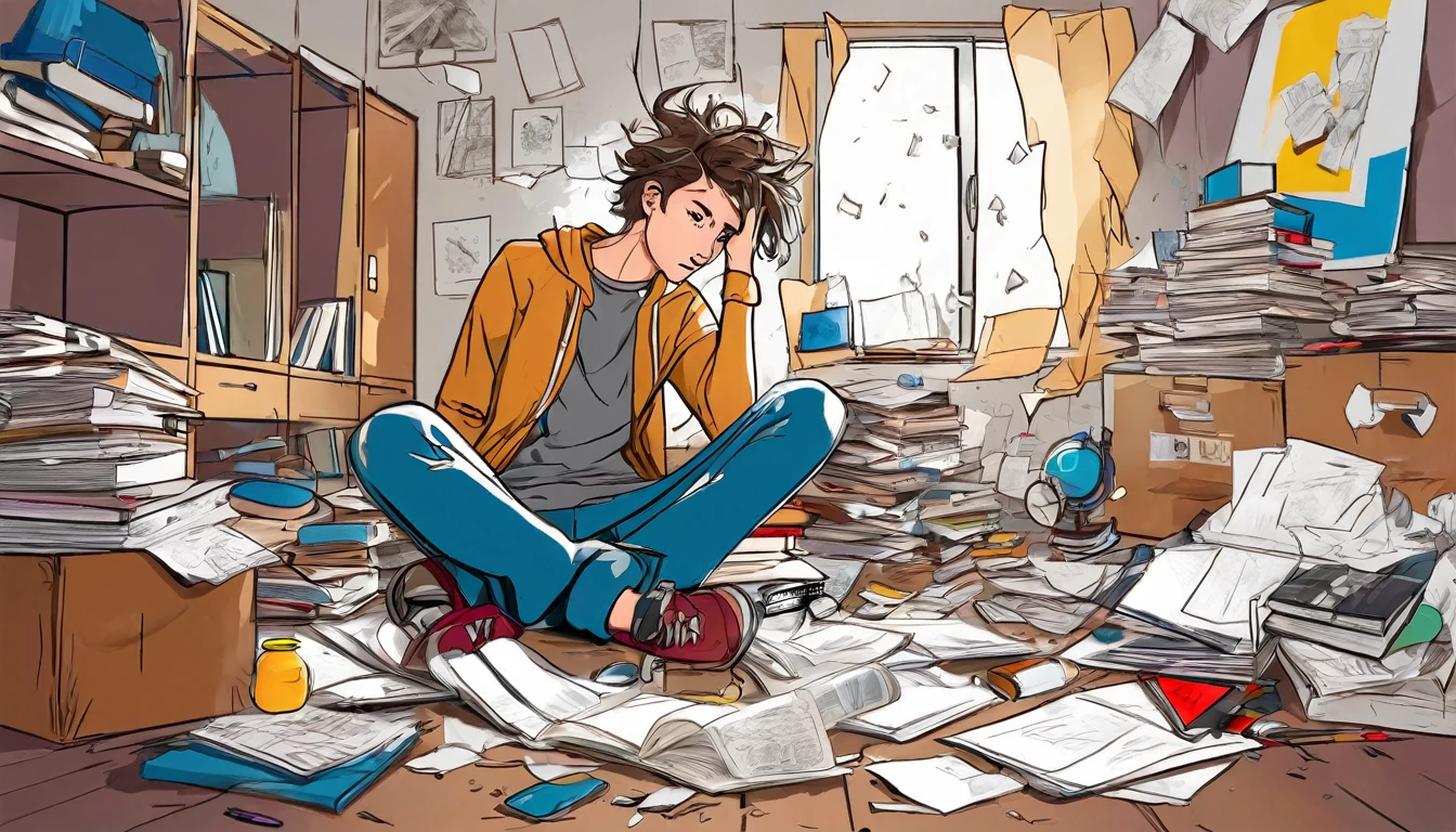 Draw a sketch illustration of a ager with a chaotic mind. The teen is sitting in the corner of a messy room, holding their head with disheveled hair. Surrounding them are various objects like scattered papers, open books, and gadgets lying around haphazardly. Their expression shows confusion and anxiety. Make the atmosphere of the image feel gloomy and stressful, with dim lighting and sharp shadows.