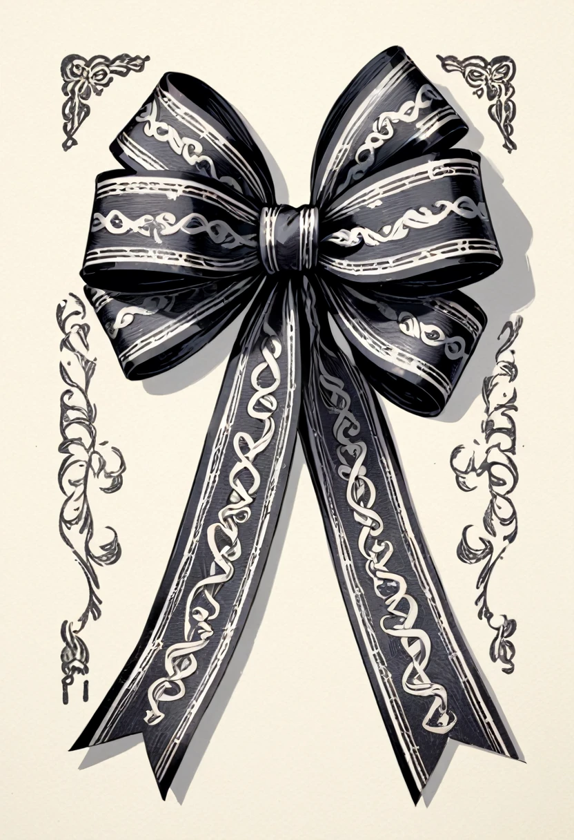 masterpiece、super beautiful、8K、Asymmetric、Long wavy ribbon、flat、An illustration of a ribbon tied in a bowknot, drawn with worn lines in the style of medieval black and white letterpress printing.