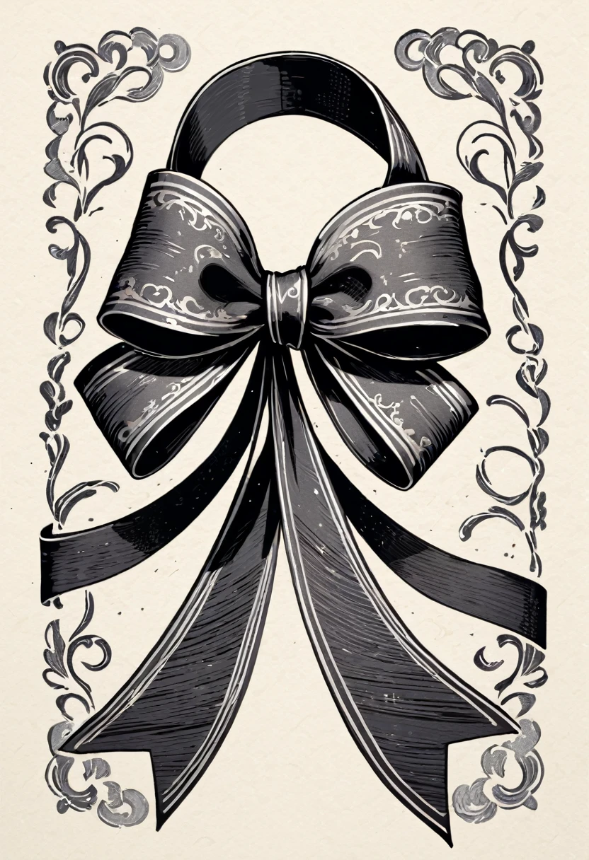 masterpiece、super beautiful、８K、Asymmetric、Long wavy ribbon、flat、An illustration of a ribbon tied in a bowknot, drawn with worn lines in the style of medieval black and white letterpress printing.