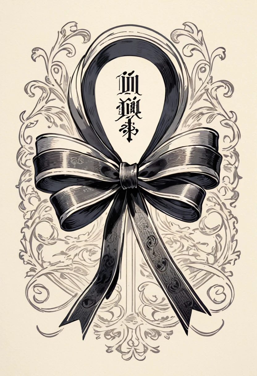masterpiece、super beautiful、8K、Asymmetric、Long wavy ribbon、flat、An illustration of a ribbon tied in a bowknot, drawn with worn lines in the style of medieval black and white letterpress printing.